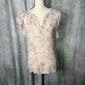 Anthropologie Doe & Rae Pink & Tan Floral Ruffle Sleeve Blouse - Large